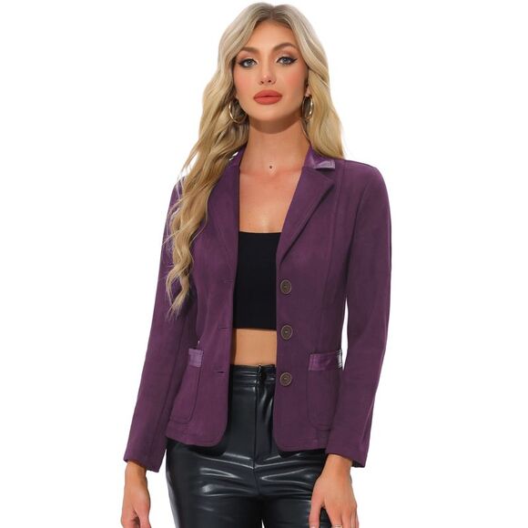 Faux Suede Blazer Lapel Collar Button Front Long Sleeve Jacket Purple - Picture 1 of 6